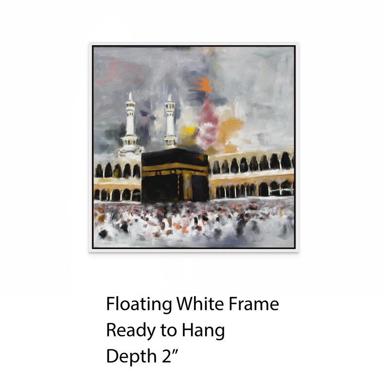 Holy Kaaba Wall Art, Islamic Masjid al-Haram Canvas Print, Mecca Architecture Painting Decor + Frame: White
