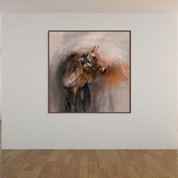 Arabian Brown Horse Artwork, Equestrian Art Painting, Middle East Canvas Print, Two Horses Portraits, Arab Wall Art