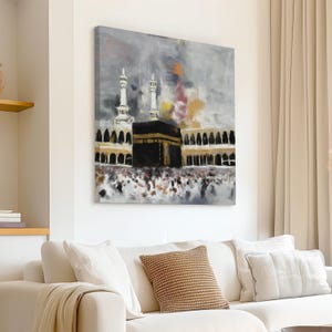 Holy Kaaba Wall Art, Islamic Masjid al-Haram Canvas Print, Mecca Architecture Painting Decor Stretched (Gallery Wrap)
