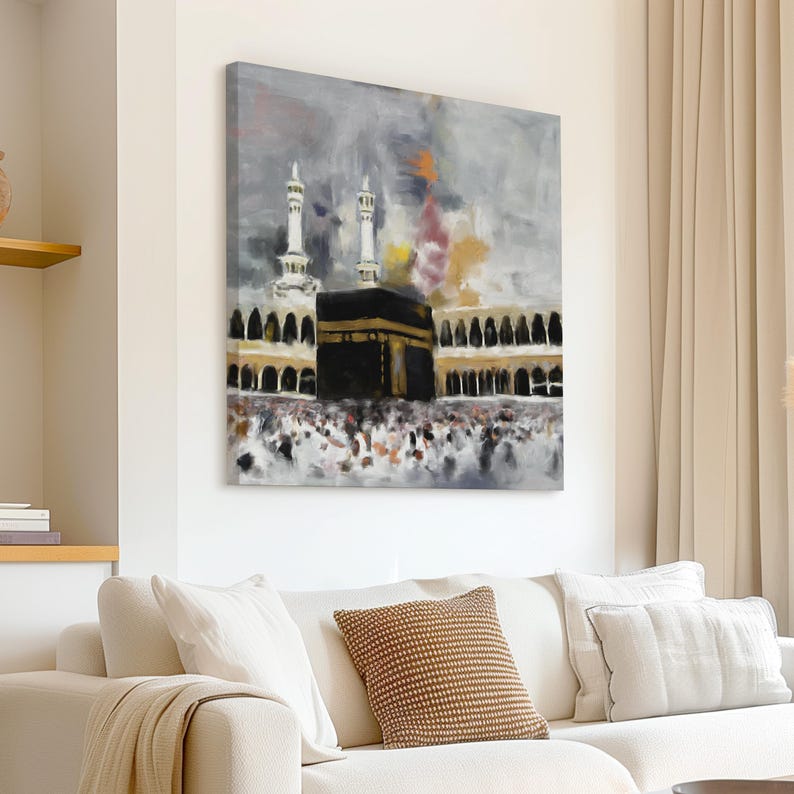 Holy Kaaba Wall Art, Islamic Masjid al-Haram Canvas Print, Mecca Architecture Painting Decor Stretched (Gallery Wrap)