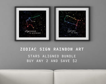 Zodiac Signs for Couples/Bestfriends | Astrology Art Bundle: Choose Your Rainbow Constellation Print