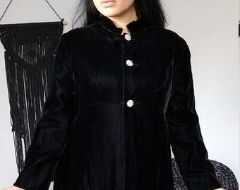 True Vintage 1960's Black Velvet Princess Style Coat Rhinestone Buttons Women Size M