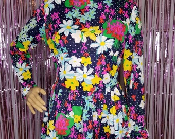 Super Psychedelic Floral Print 70s Gogo Dress Women's Size Small