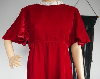 True Vintage 1960s Red Velvet Maxi Dress Flutter Short Sleeves Womens Size Medium