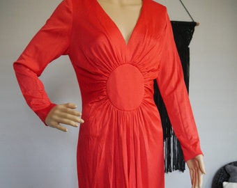 True Vintage 1970s Bright Red Miss Magnin at I. Magnin Maxi Dress Long Sleeves Women's S/M