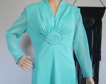 True Vintage Late 60's Early 70's Aqua Blue Maxi Dress Mesh Long Sleeves Women's Size Medium