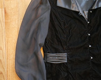 Magnifique vintage des années 1980 Black Velveteen et Satin Collared Blazer Sheer Sleeves Womens Size 12 (Modern Medium)