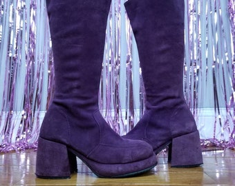 Insane Vintage Purple Suede Platform Boots Chunky Heels Glam Rock GoGo Boots US 6/6.5