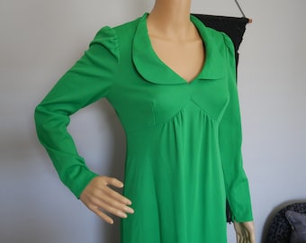 True Vintage 1960s Patricia Fair Bright Green Peter Pan Collar Maxi Dress Long Sleeves Open Back Keyhole Womens Medium