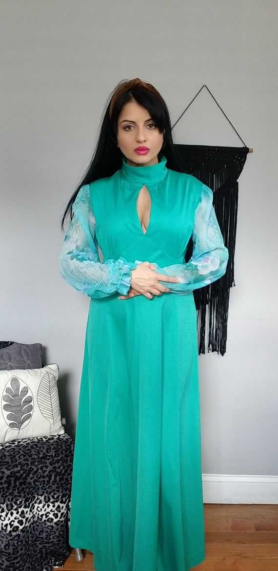 True Vintage Late 1960's Green/Aqua Maxi Dress She