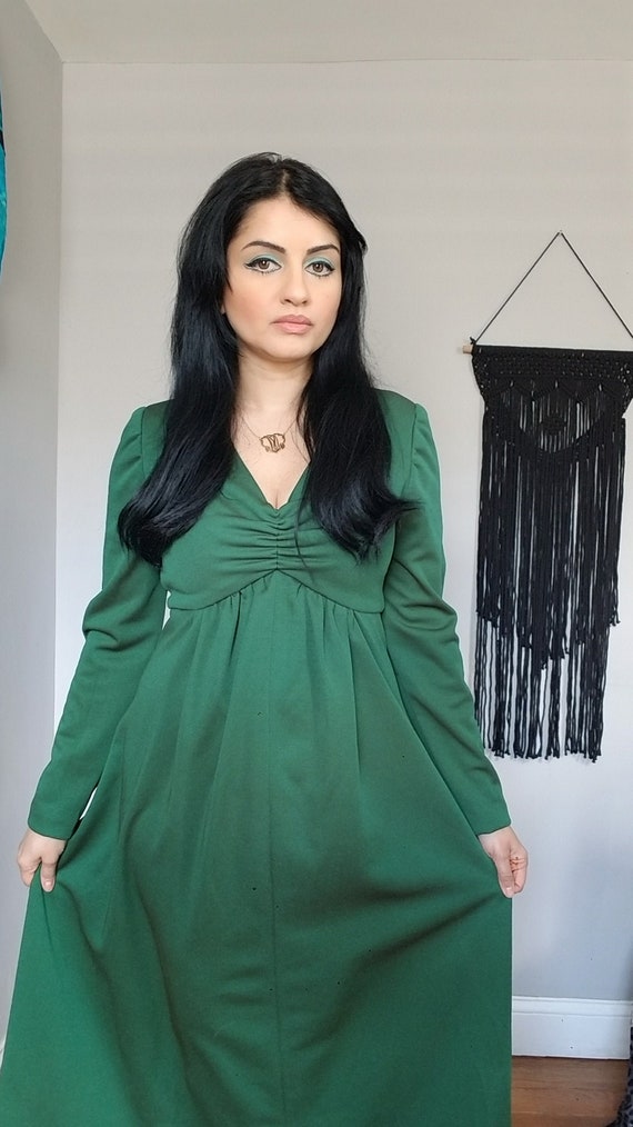 True Vintage 1970s Forest Green Long Sleeve Maxi … - image 1