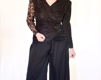 Superb 1980s True Vintage Pitch Black Lacey Sleeve Jumpsuit Fancy Details Palazzo Pants Womens Size Medium