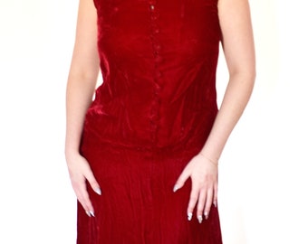 True Vintage 1960s Sleeveless Red Velvet Maxi Dress Button Down Womens Size M/L