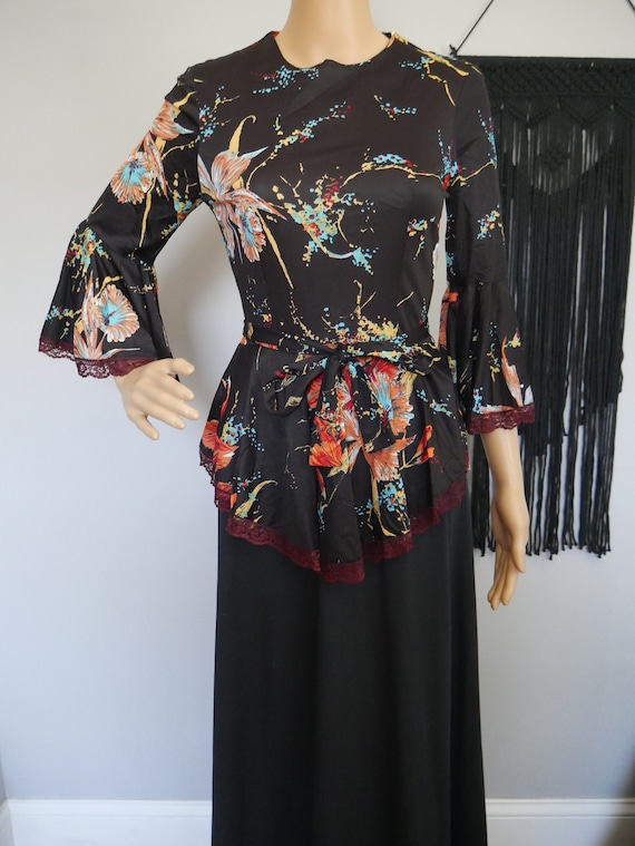 Stunning 1970s Black and Floral Bell Sleeve Maxi D