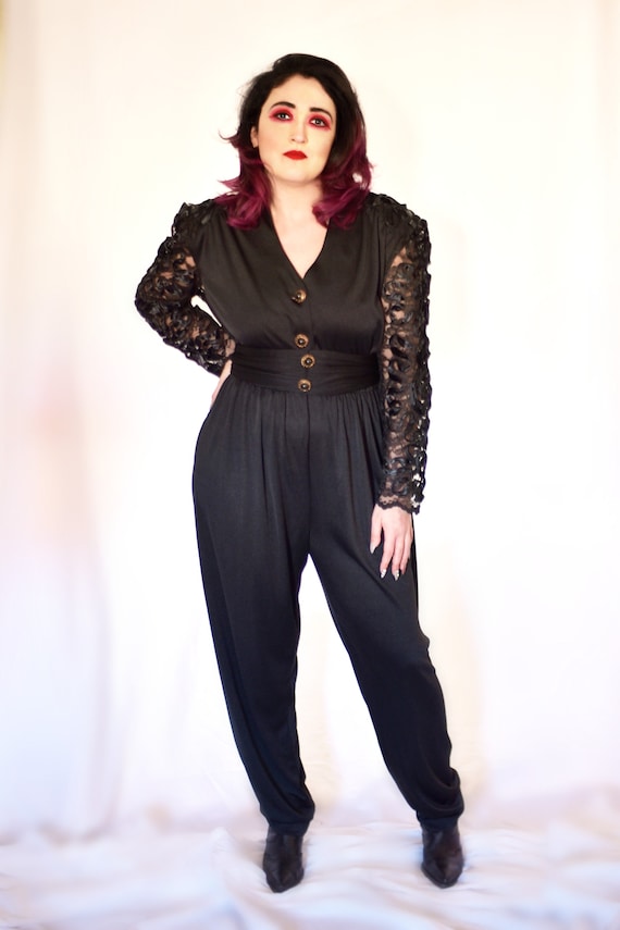 Super Sexy Inky Black 1980s Long Sleeves Jumpsuit 