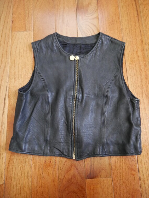 Very Cool 1980s Black Leather Zipper Vest Sienna … - image 1