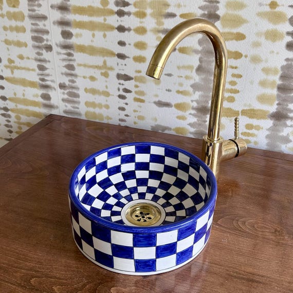 Blue Ceramic Vessel Sink Bowl | Handmade Pottery Bathroom Basin | Countertop Sink