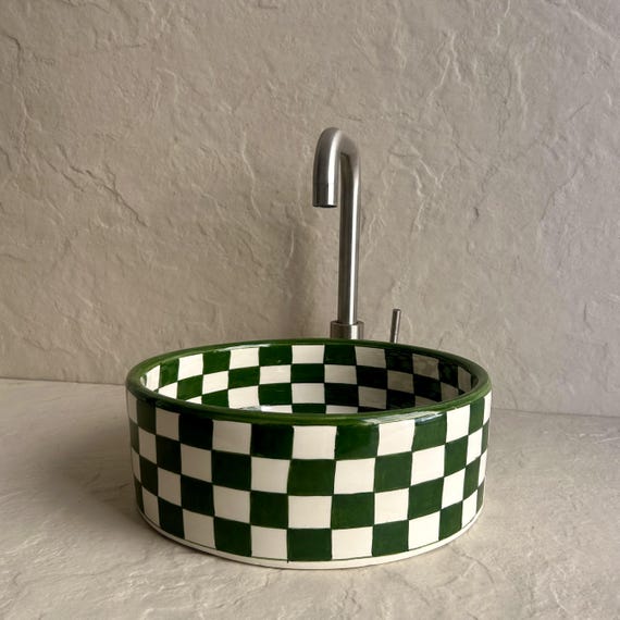 Green Checkerboard Moroccan Ceramic Vessel Sink l Handcrafted Bathroom Basin l Modern Geometric Handmade Pottery Basin