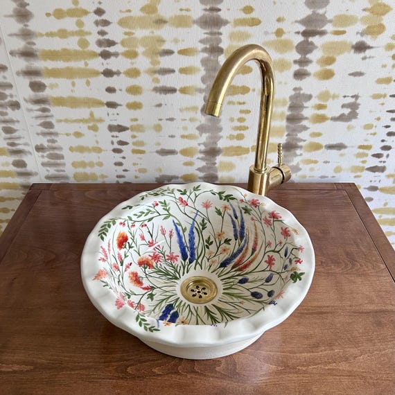 Hand-Painted Floral Drop-In Ceramic Sink l Botanical Bathroom Basin l Artisan Pottery Vanity Sink