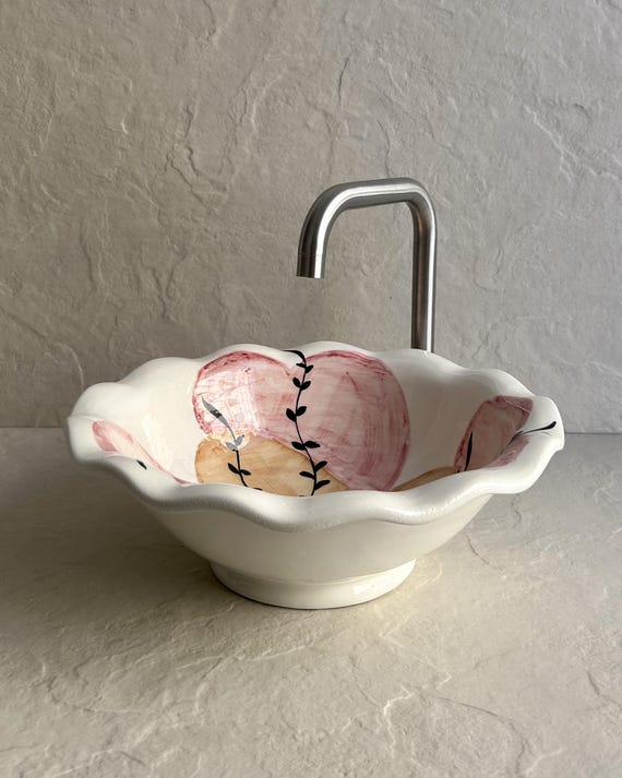 Pink Floral Ceramic Vessel Sink l Hand-Painted Black Flower Basin l Artisan Bathroom Washbowl