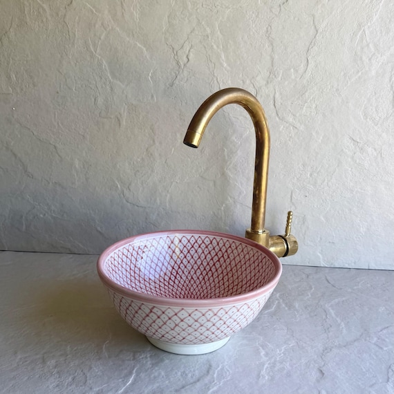 Blush Pink Vessel Sink l Hand Painted Geometric Ceramic Bathroom Basin l Artisan Pink Vessel Sink