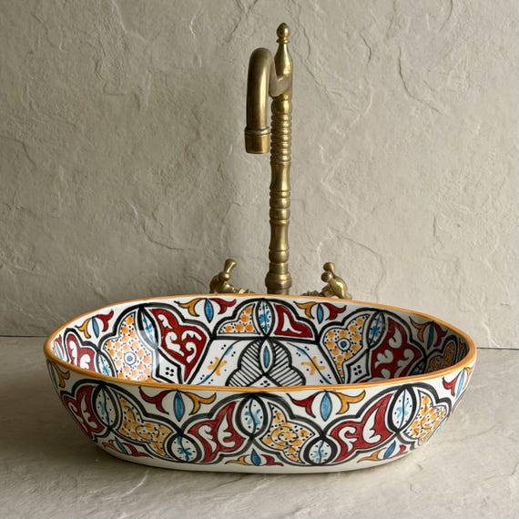 Colorful Moroccan Oval Sink l Hand Painted Ceramic Vessel Basin l Artisan Bathroom Sink l Boho Vanity Bowl