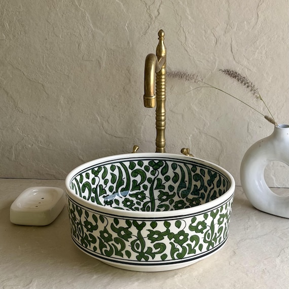 Green & White Bathroom Sink | Handmade Green Artisan Basin l Ceramic Vanity Basin