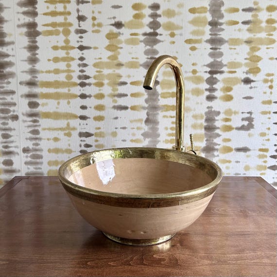 Handmade Clay Vessel Sink with Brass Rim & Base l Artisan Pottery Bathroom Basin with Matching Drain l Luxury Vanity Sink