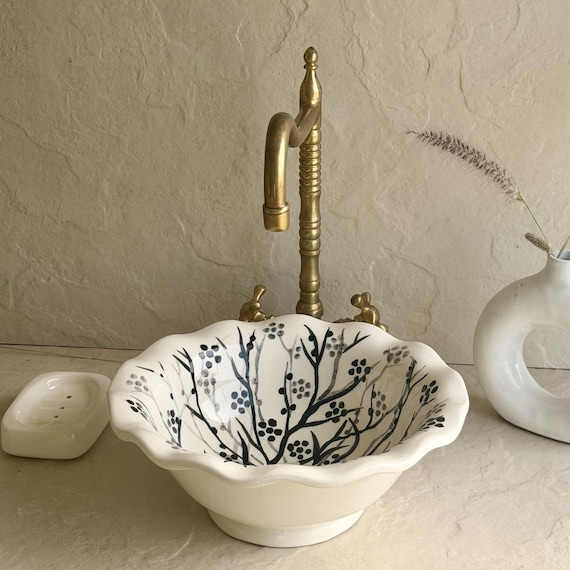 White Floral Ceramic Vessel Sink l Handmade Scalloped Basin l Botanical Artisan Basin