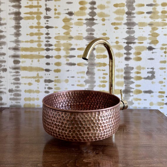 Handmade Aged Copper Vessel Sink | Hammered Round Bathroom Basin | Rustic Countertop Vanity Sink