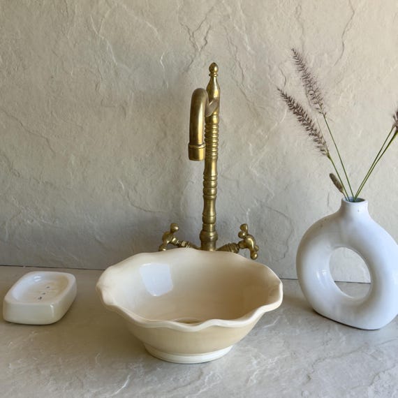 Flower Shaped Ceramic Vessel Sink | Handmade Off White Bathroom Basin l Ivory Ceramic Vessel Basin