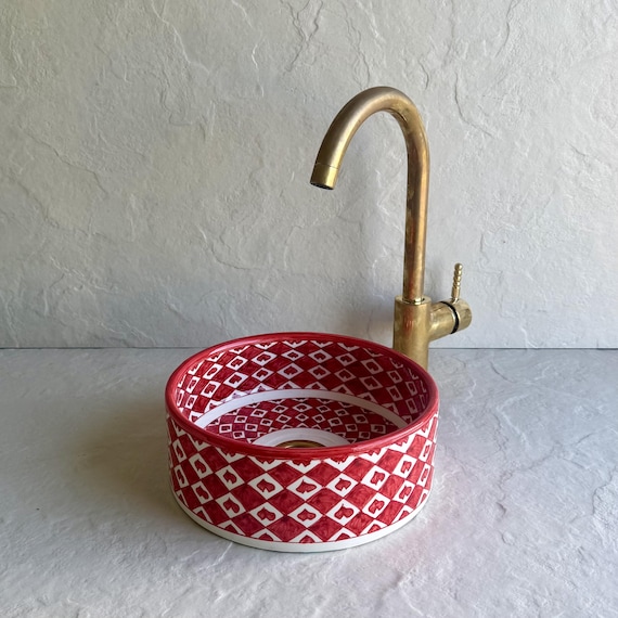 Heart Pattern Bathroom Bowl Sink l Red & White Moroccan Sink l Handmade Ceramic Vessel Bathroom Basin