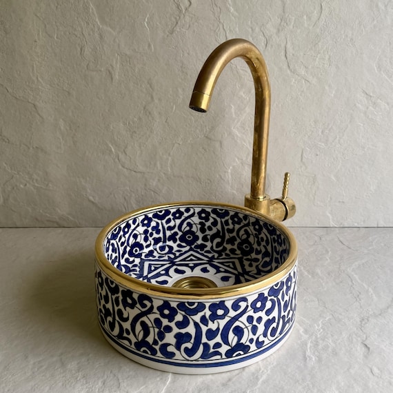 Blue & Gold Moroccan Ceramic Vessel Sink l Hand-Painted Floral Bathroom Basin