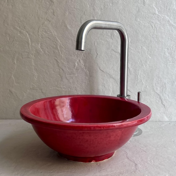 Bold Red Ceramic Vessel Sink l Drop-In Bathroom Basin l Handcrafted Moroccan Vanity Bowl