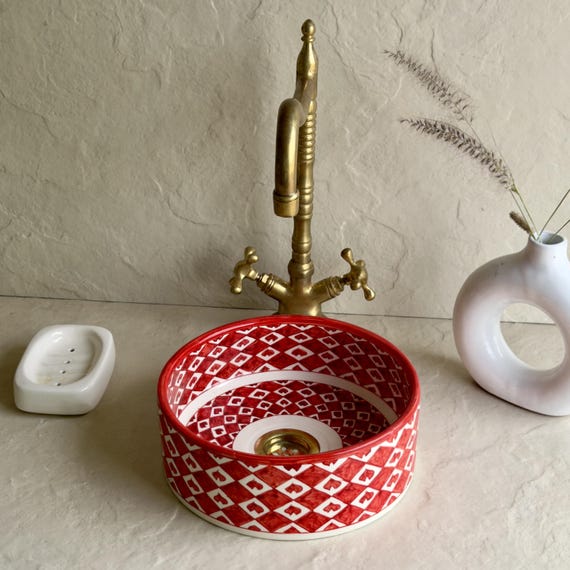 Red Heart Vessel Sink | Red Heart Vessel Sink |  Romantic Ceramic Bathroom Sink | Handmade Vanity Wash Basin