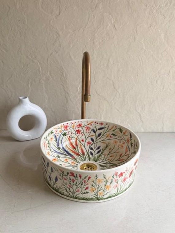 Hand Painted Floral Ceramic Vessel Sink - Colorful Botanical Bathroom Basin
