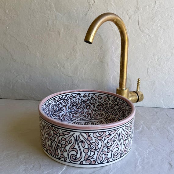 Pink & Black Floral Vanity Sink l Handmade Moroccan Countertop Washbasin l Artisan Decorative Bathroom Bowl