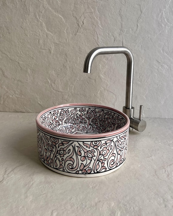 Pink Flower Pattern Vessel Sink l Moroccan Ceramic Bathroom Basin l Hand-Painted Vanity Bowl l Round Countertop Wash Sink