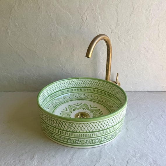 Moroccan Bathroom Sink l Green Geometric Ceramic Vessel Basin l Decorative Ceramic Bathroom Basin