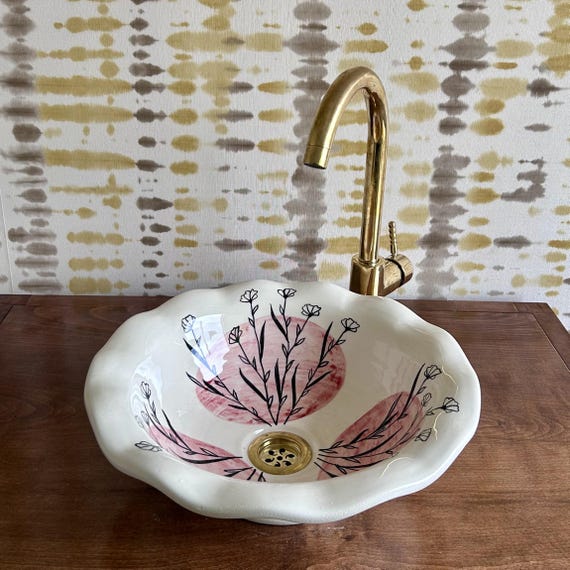 White Floral Ceramic Vessel Sink Bowl l Handmade Flower Bathroom Basin | Elegant Countertop Sink