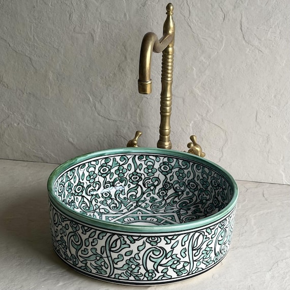 Green Floral Moroccan Vessel Sink l Hand Painted Ceramic Basin l Botanical Bathroom Sink l Artisan Vanity Bowl