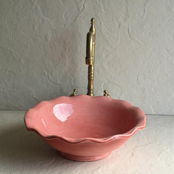 Pink Flower Vessel Sink l Scalloped Ceramic Basin l Handmade Bathroom Sink l Blush Vanity Bowl
