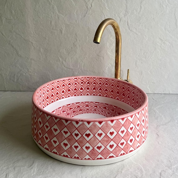 Pink & Red Heart Bathroom Sink l Artisan Countertop Vessel Basin l Romantic Ceramic Vanity Bowl