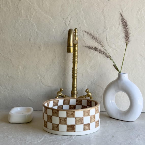 Brown Checkerboard Ceramic Sink | Handmade Moroccan Vessel Basin l Handmade Ceramic Bathroom Basin