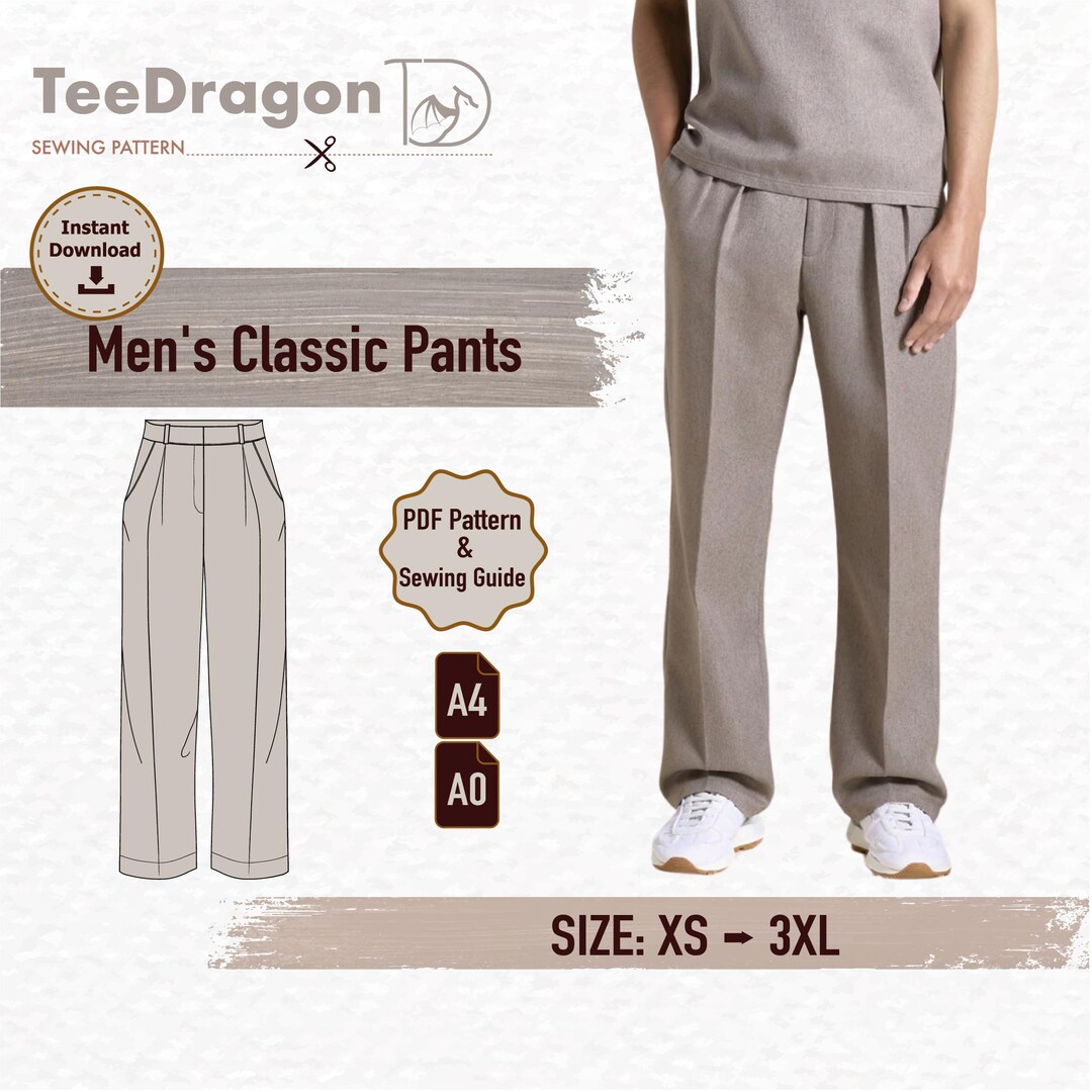 Classic Men's Pants Sewing Pattern | PDF Pattern with Pockets | Sizes ...