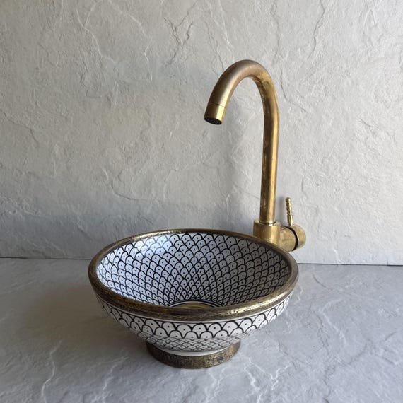 Black White Vessel Sink with Brass Rim l Ceramic Bathroom Countertop Basin l Moroccan Bathroom Basin
