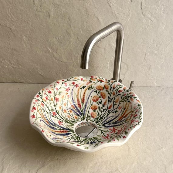 Colorful Floral Ceramic Sink l Hand-Painted Scalloped Vessel Basin l Vanity Wash Bowl l Mediterranean Bathroom Washbasin