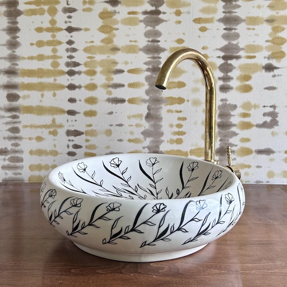 Hand-Painted Ceramic Vessel Sink l White Floral Bathroom Basin | Minimalist Art Vanity Sink