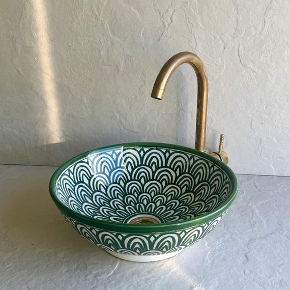 Hand Painted Dark Green Sink l Moroccan Mandala Bathroom Basin l Round Countertop Bathroom Bowl Sink