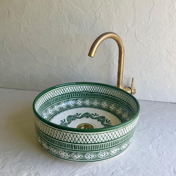 Handmade Ceramic Bathroom Basin l Mediterranean Ceramic Sink l Dark Green Moroccan Pattern Vessel Basin